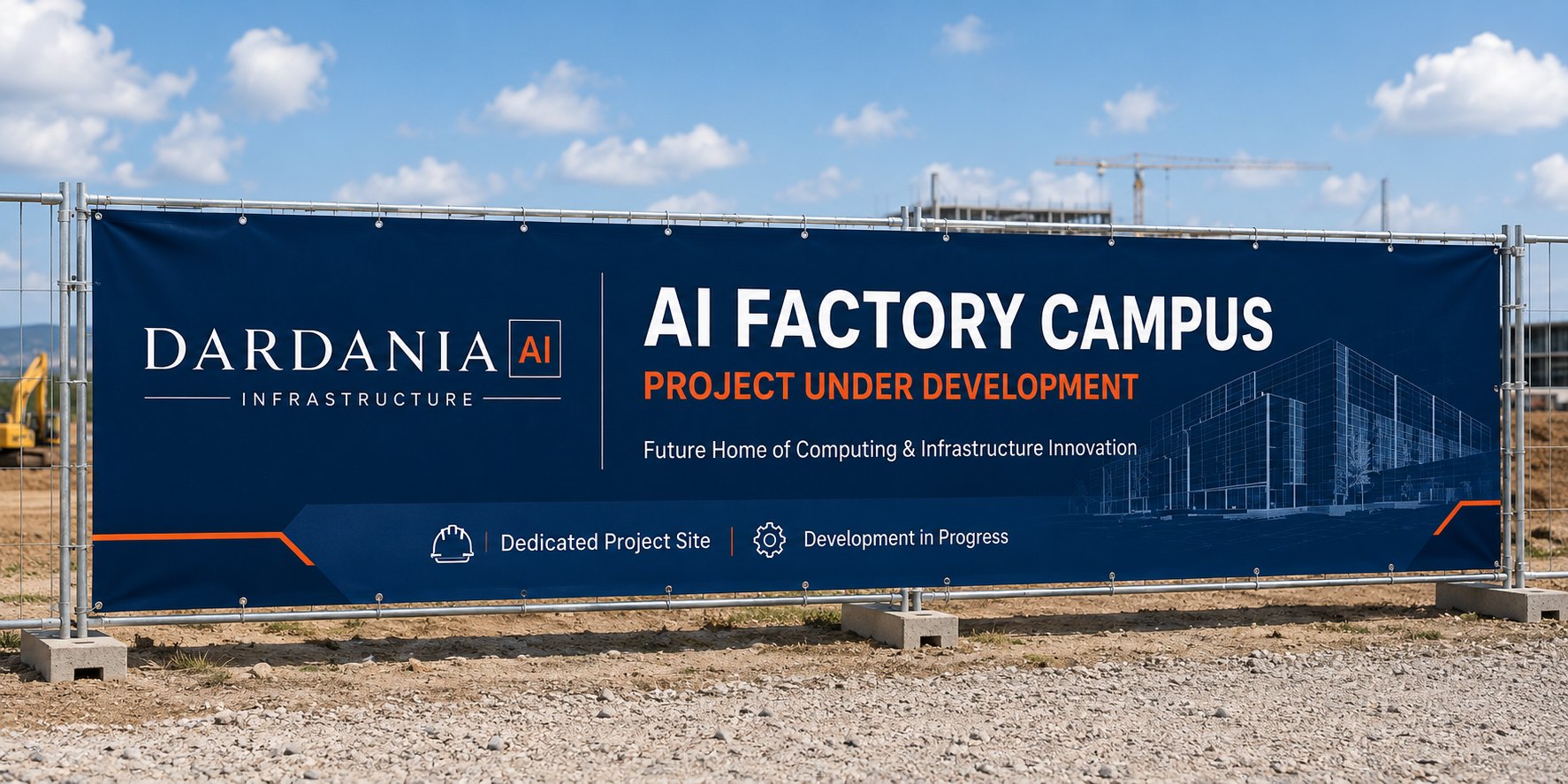 Dardania AI Factory Campus banner on the site fence